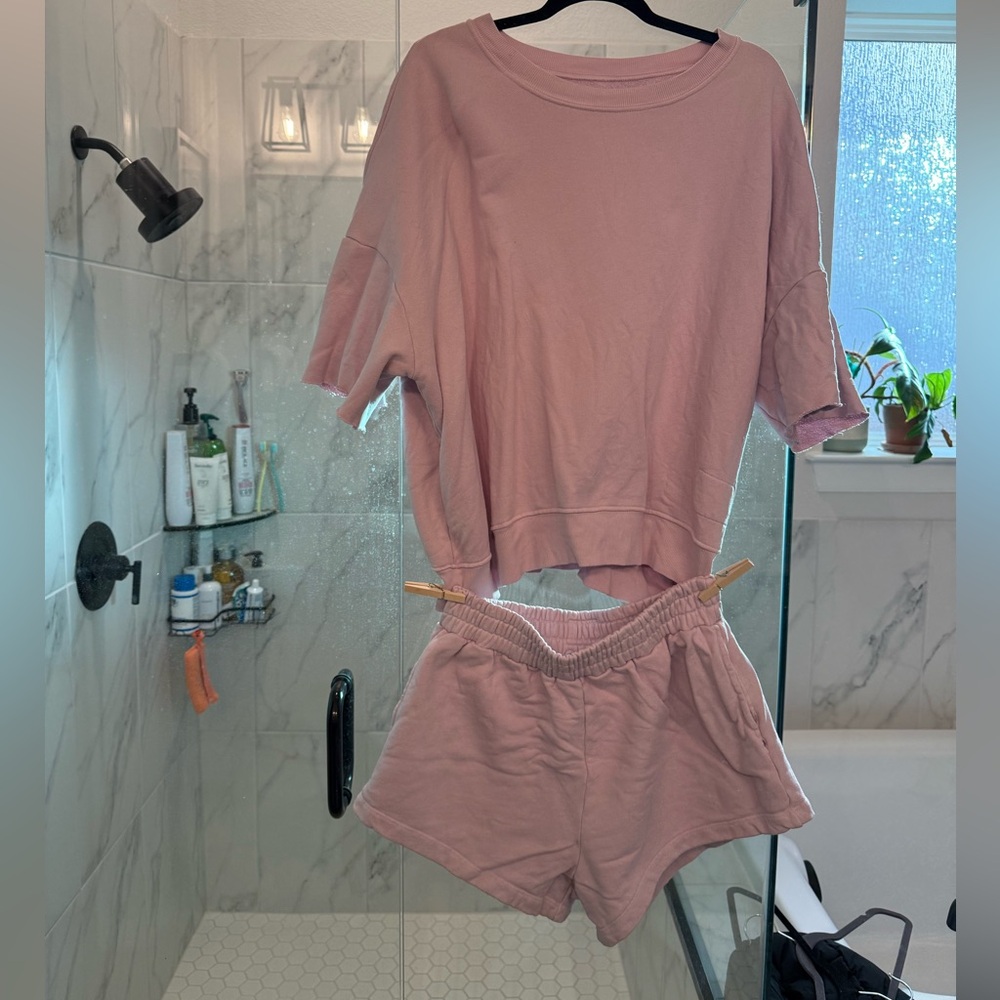 Daily Drills lilac sweat set. Short sleeve crew and short shorts